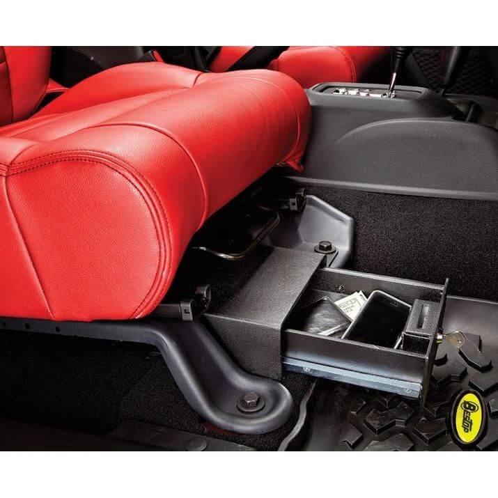 BESTOP | Underseat LockBox For Jeep 07-18 Wrangler JK 4-Door 08-10 Wrangler JK 2-Door Passenger Side Bestop | 42642-01 in red Jeep interior