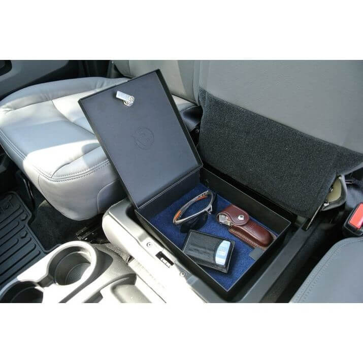 BESTOP | Universal Lock Box Jeep '87-95 Wrangler YJ '97-06 TJ '07-18 JK '18-26 JL Universal Truck Center Console Bestop | 42644-01 showing interior storage with sunglasses and keys.