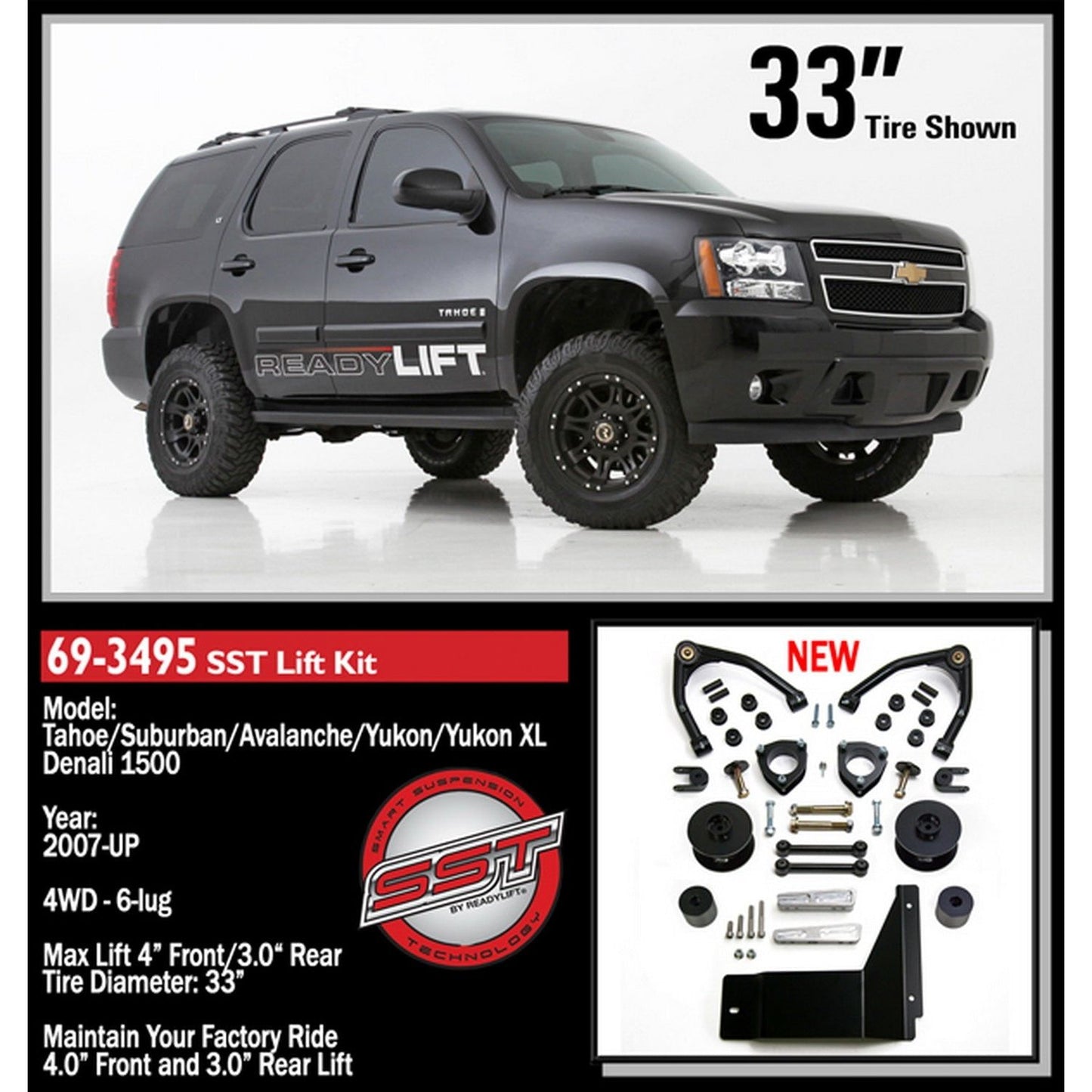 ReadyLIFT 4'' SST Lift Kit with 3'' Rear Spacer Upper Control Arms for Factory Steel OE Upper Control Arms without Shocks (Tahoe/Suburban/Yukon Xl) 69-3495