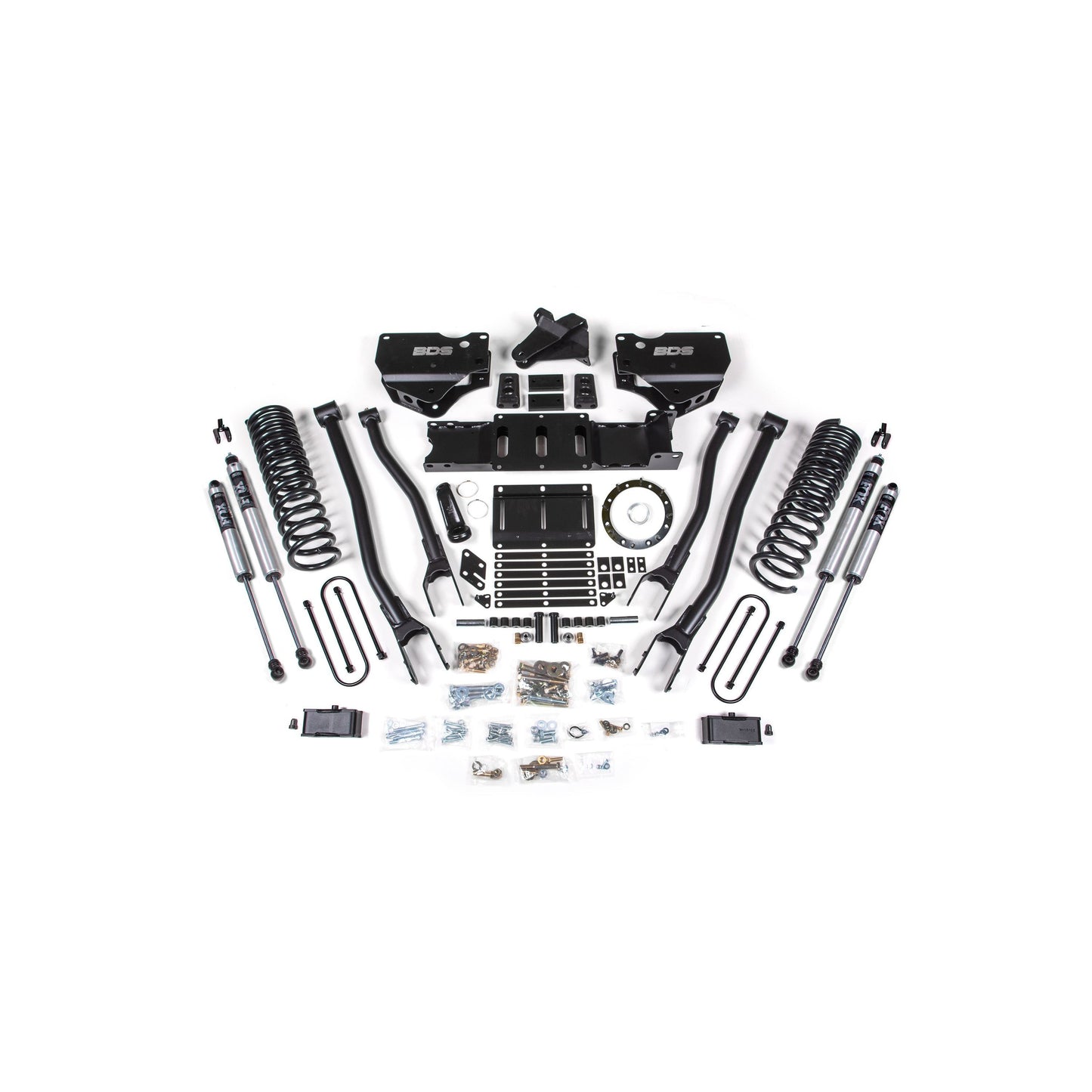 BDS Suspension 4-Link Lift Kit components for 19-24 Ram 3500 Diesel featuring Fox 2.5 Shocks.