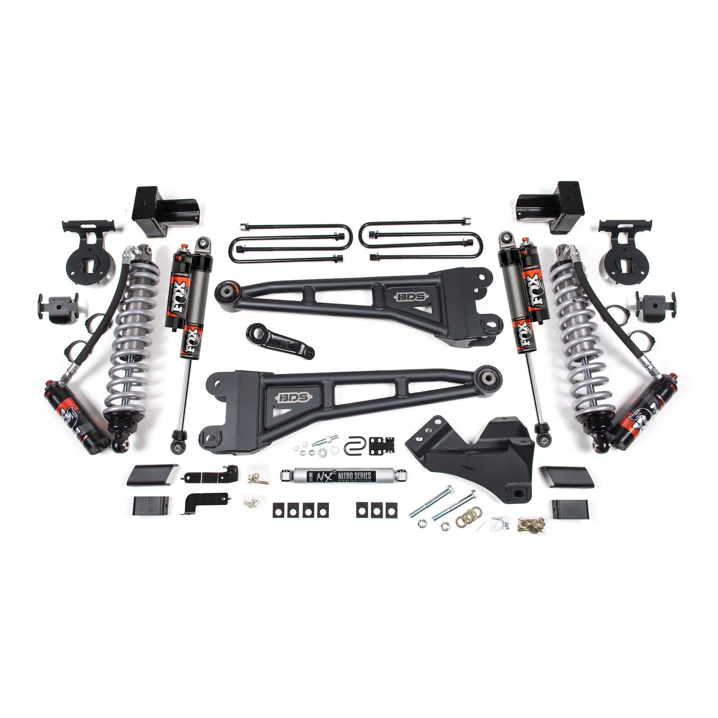 BDS Suspension lift kit components for 23-26 F-350 Super Duty with Fox 2.5 shocks and radius arms.