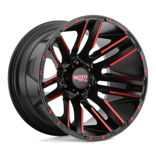 Moto Metal MO978 RAZOR Satin Black Mach W/ Red Tint wheel showcasing aggressive design and performance.