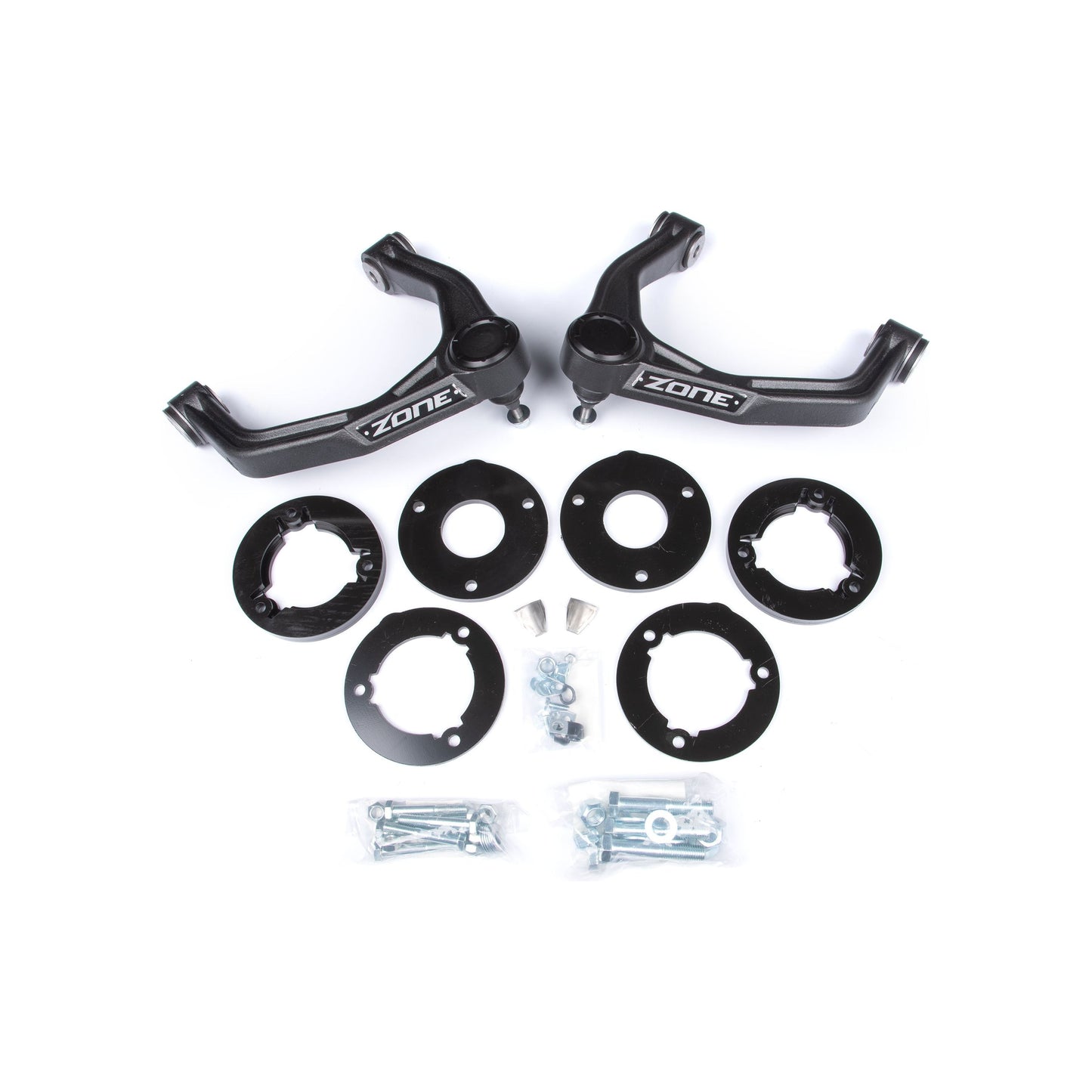 ZONE OFFROAD | 1.75 Inch Leveling Kit I ZONC1174 components including strut spacers and control arms.