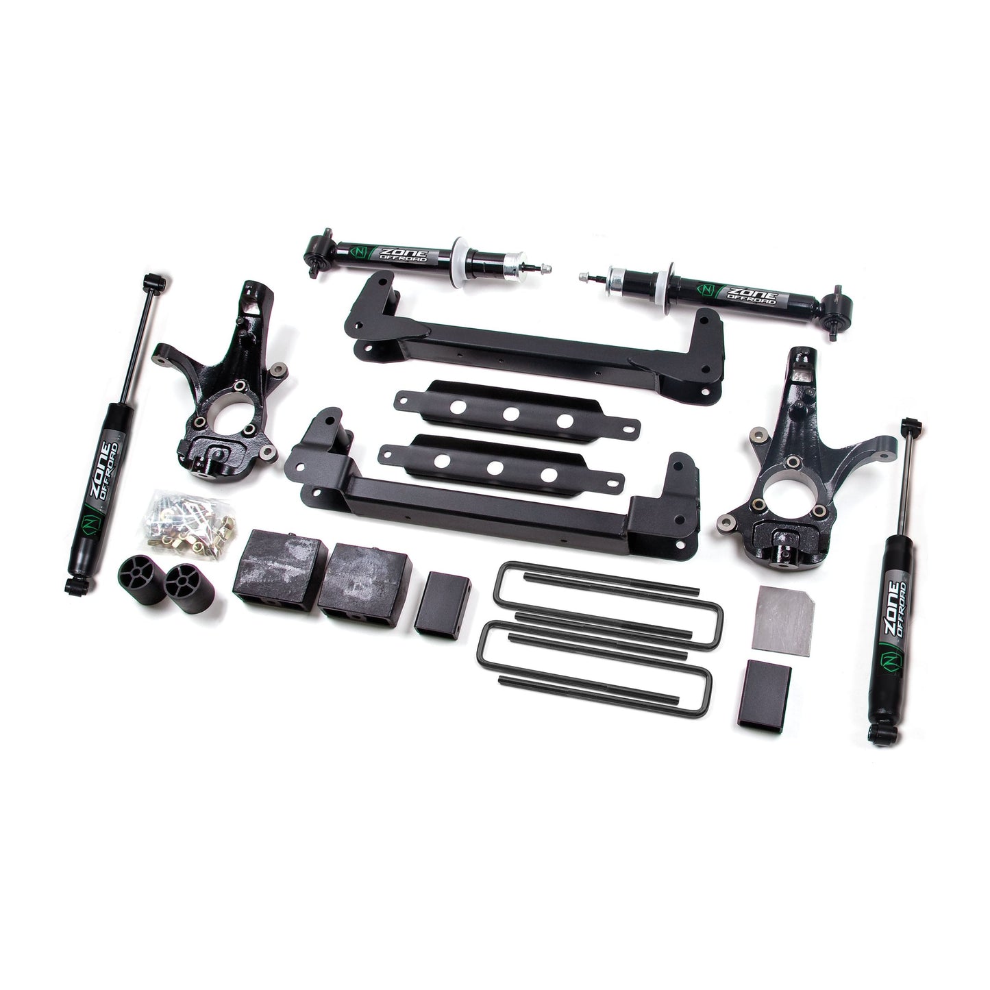 ZONE OFFROAD | 6.5 Inch Lift Kit I ZONC2F components including crossmembers and steering knuckles.