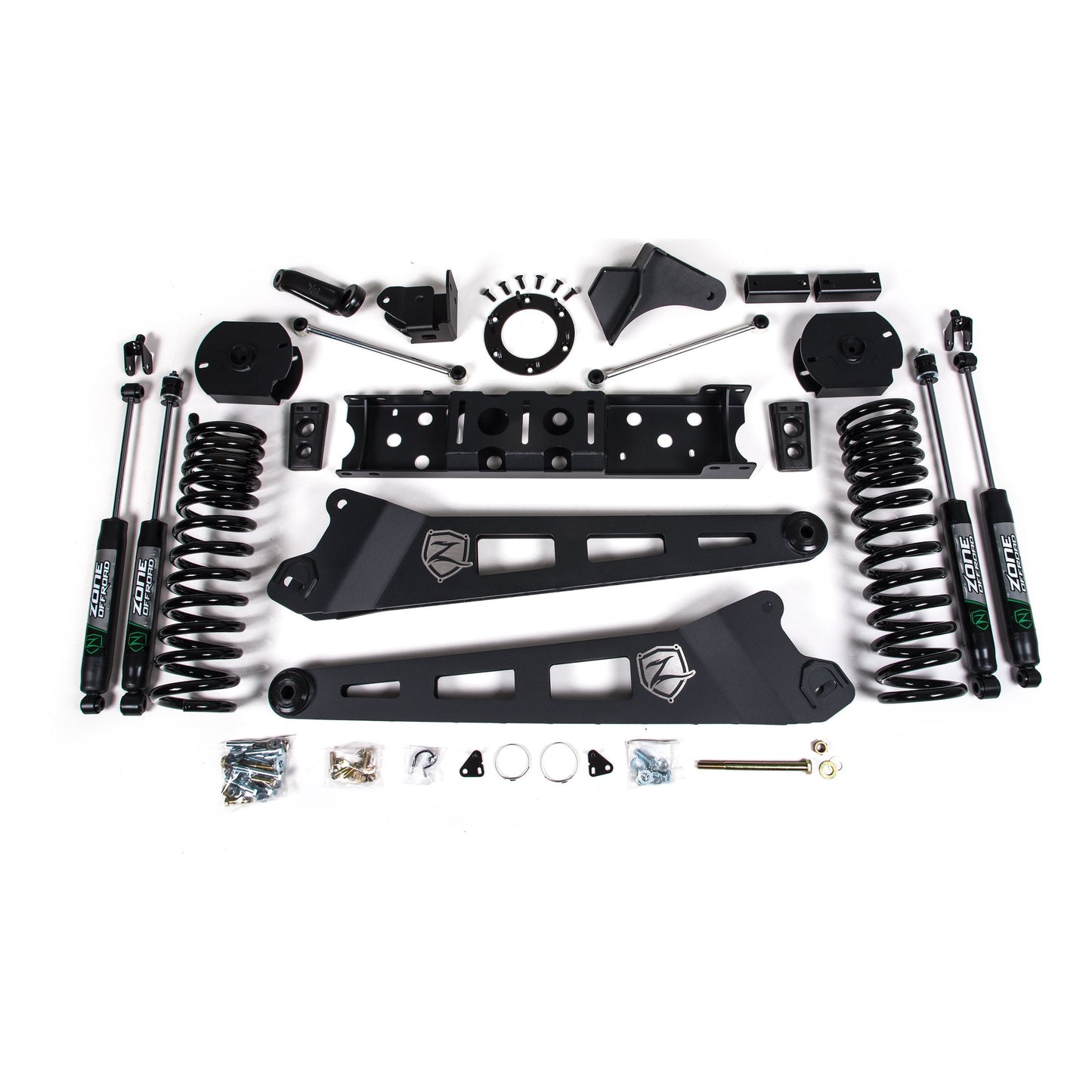 ZONE OFFROAD | 19-24 RAM 2500 4 Inch Radius Arm Gas Adventure Shocks Zone Offroad | ZOND79F lift kit components layout.