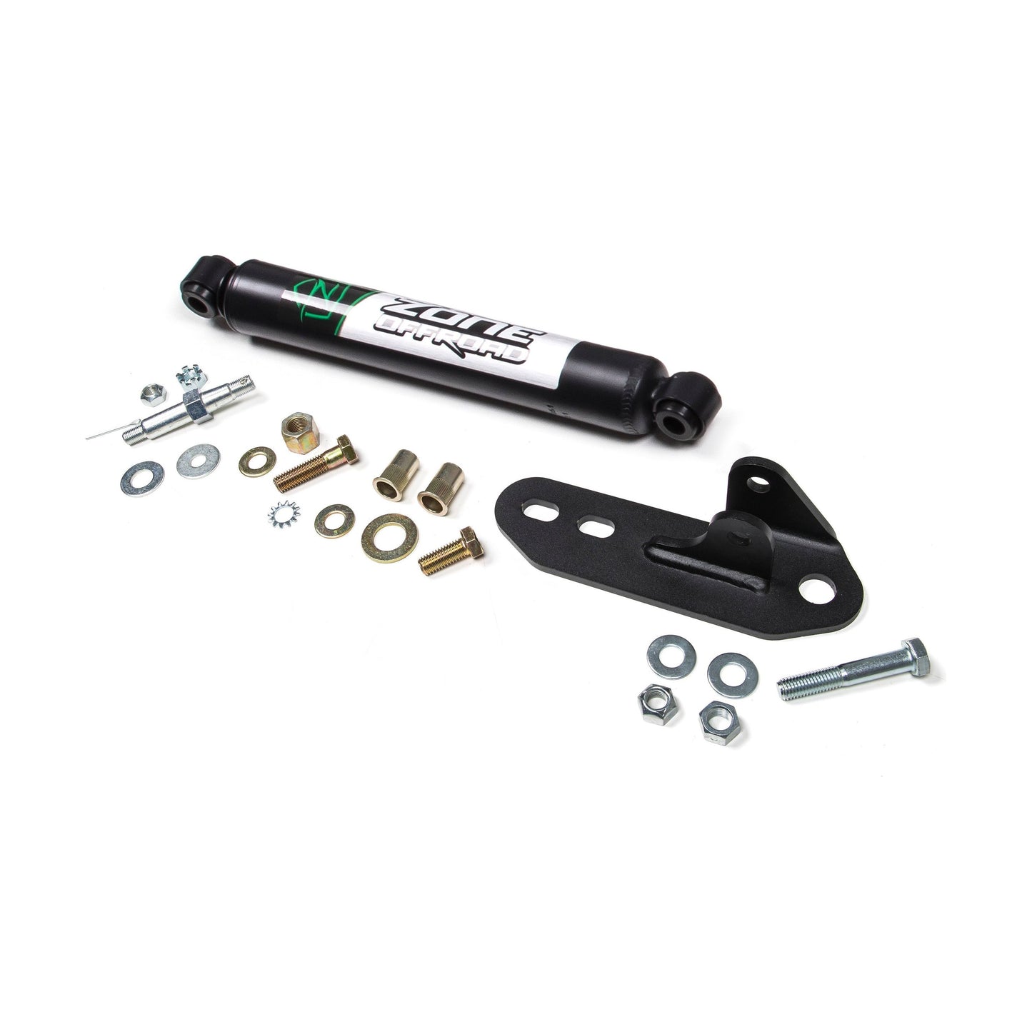 ZONE OFFROAD | Steering Stabilizer Kit I ZON7104 with mounting bracket and installation hardware for improved vehicle control.