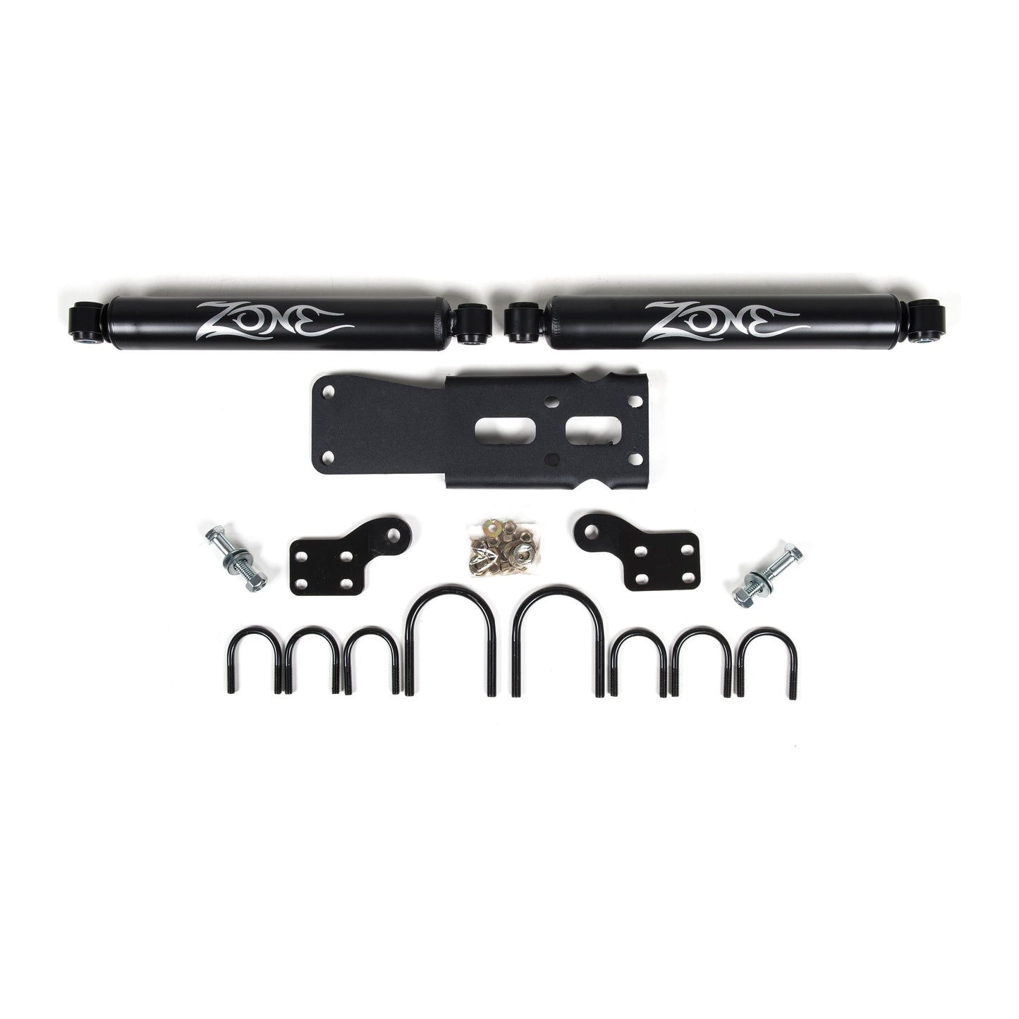 ZONE OFFROAD | Dual Steering Stabilizer Kit w/ Shocks I ZON7450 components including shocks and mounting hardware.