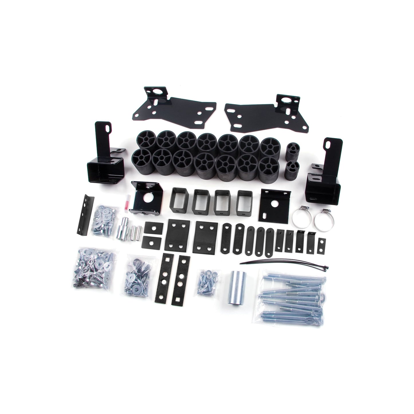 ZONE OFFROAD | 3 Inch Body Lift I ZONC9353 installation components and hardware layout for truck lift kit.