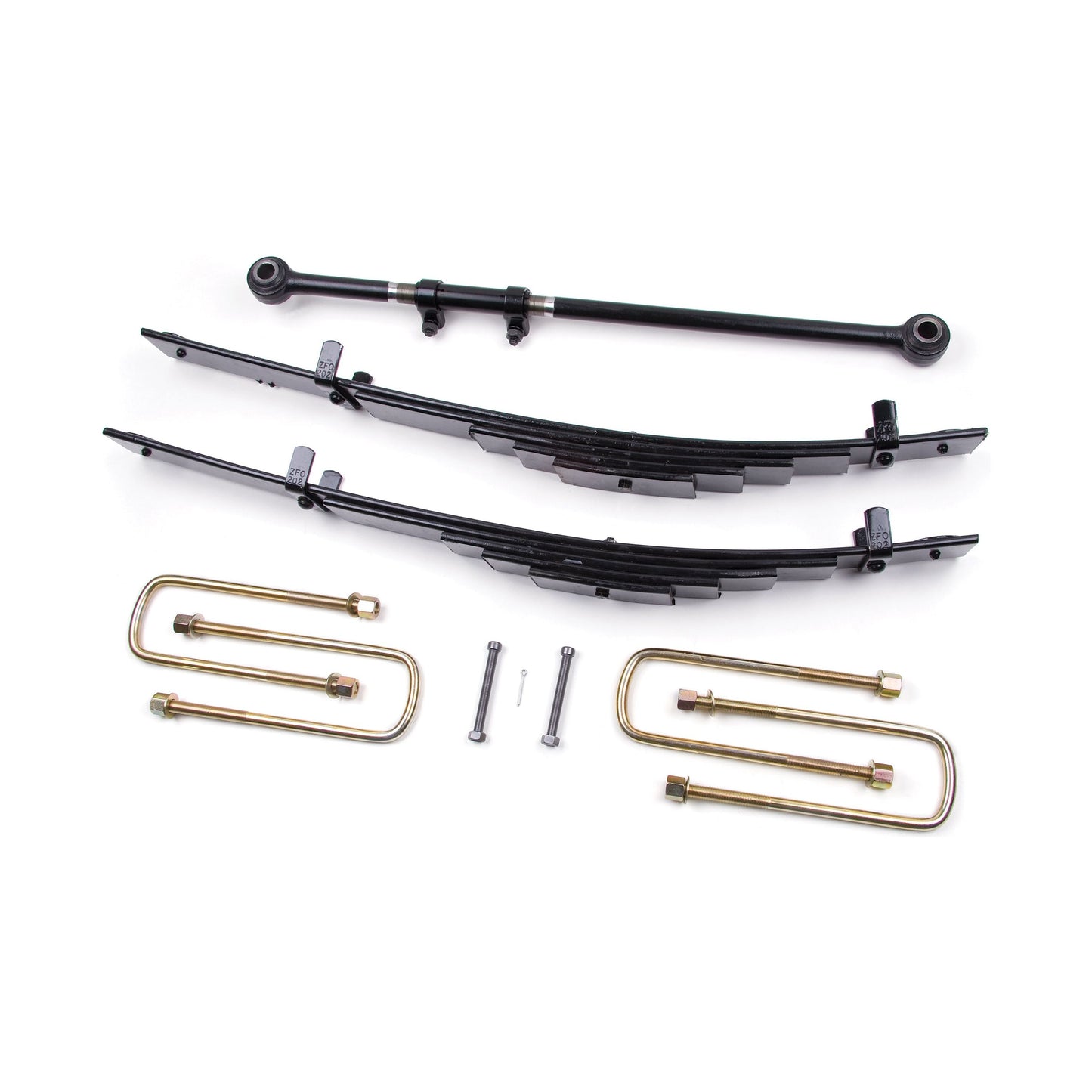 ZONE OFFROAD | 00-04 Ford F-250/350 2.5 Inch Leaf Spring Leveling Kit Zone Offroad | ZONF4 components including leaf springs and hardware.