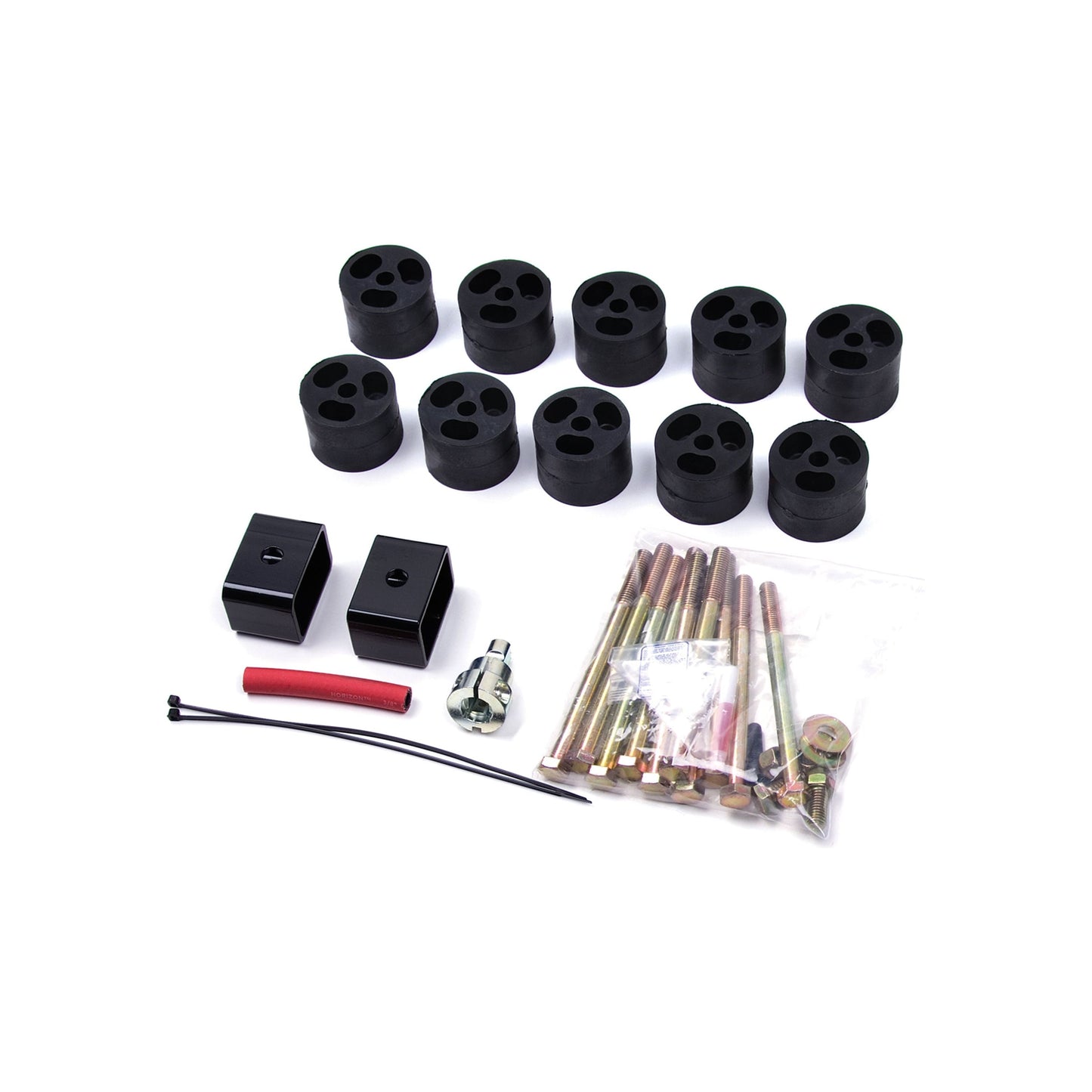 ZONE OFFROAD | 2 Inch Body Lift I ZONJ9210 body lift kit components including crush-proof blocks and body bolts.