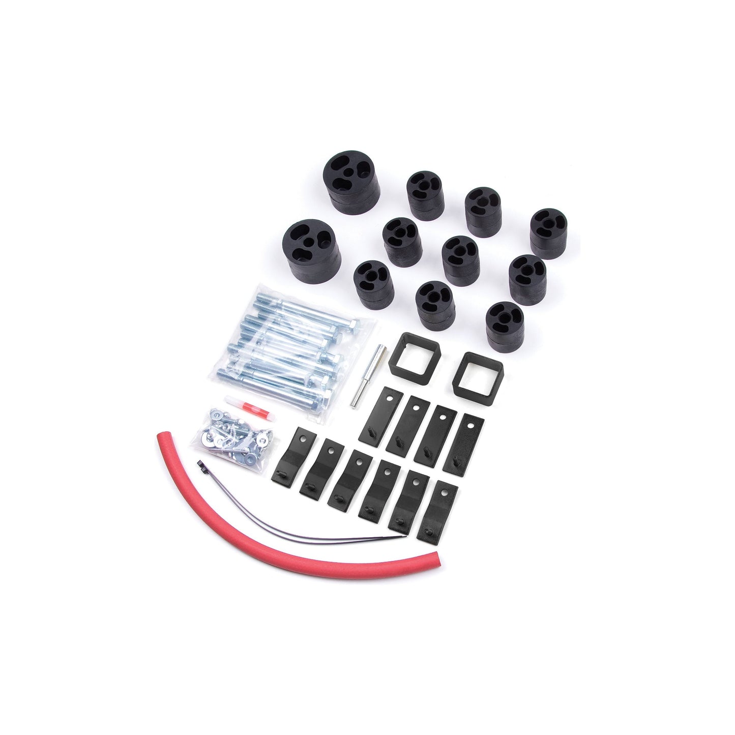 ZONE OFFROAD | 2 Inch Body Lift I ZONJ9220 kit components including body lift blocks and installation hardware.