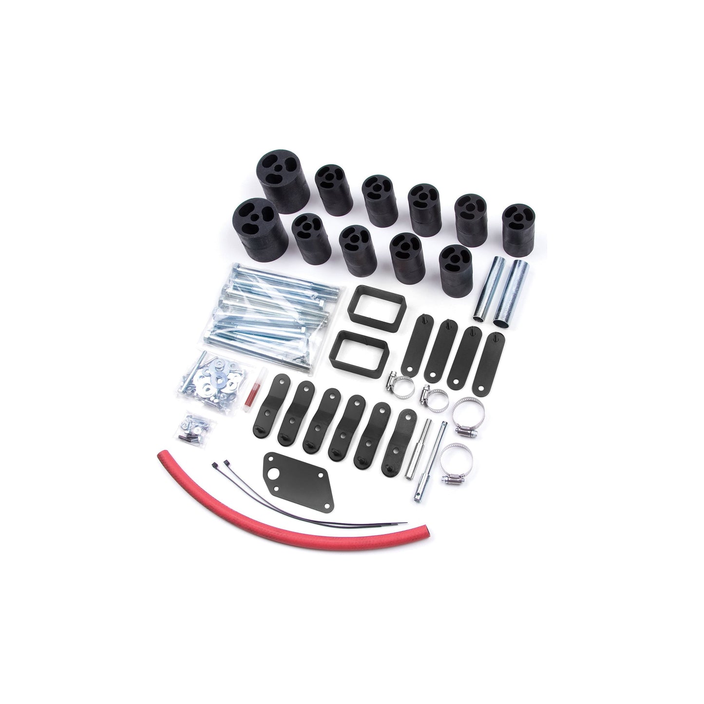 ZONE OFFROAD | 3 Inch Body Lift I ZONJ9321 complete kit components including body blocks and hardware for Jeep Wrangler.