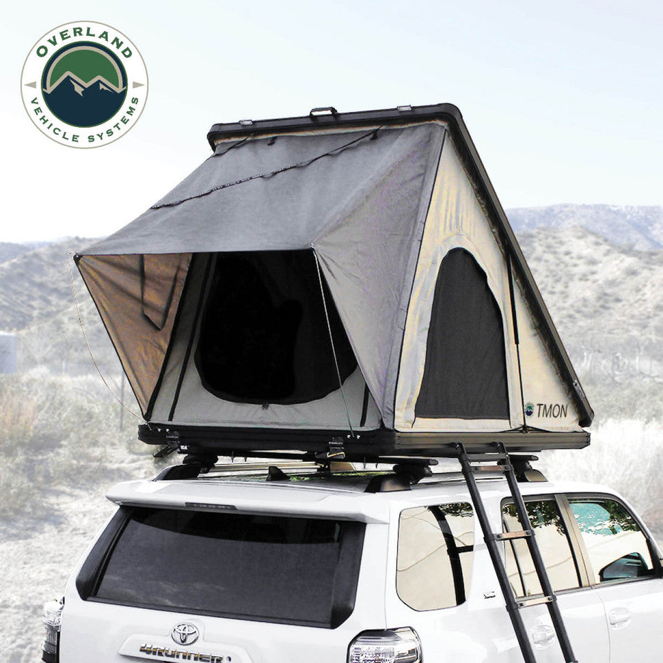 Overland Vehicle Systems LD TMON Clamshell Aluminum Hard Shell Roof Top Tent - 2 Person Capacity, Tan Body & Green Rainfly 18119935