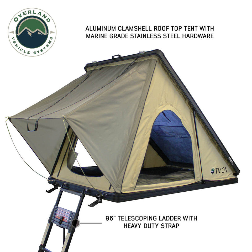 Overland Vehicle Systems LD TMON Clamshell Aluminum Hard Shell Roof Top Tent - 2 Person Capacity, Tan Body & Green Rainfly 18119935