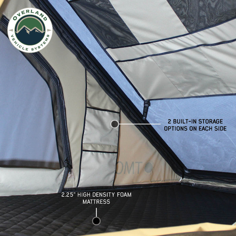 Overland Vehicle Systems LD TMON Clamshell Aluminum Hard Shell Roof Top Tent - 2 Person Capacity, Tan Body & Green Rainfly 18119935