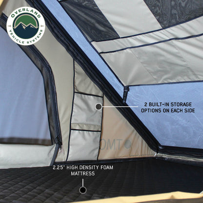 Overland Vehicle Systems LD TMON Clamshell Aluminum Hard Shell Roof Top Tent - 2 Person Capacity, Tan Body & Green Rainfly 18119935