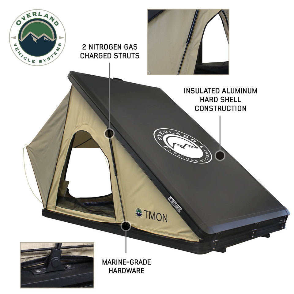 Overland Vehicle Systems LD TMON Clamshell Aluminum Hard Shell Roof Top Tent - 2 Person Capacity, Tan Body & Green Rainfly 18119935