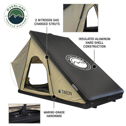 Overland Vehicle Systems LD TMON Clamshell Aluminum Hard Shell Roof Top Tent - 2 Person Capacity, Tan Body & Green Rainfly 18119935