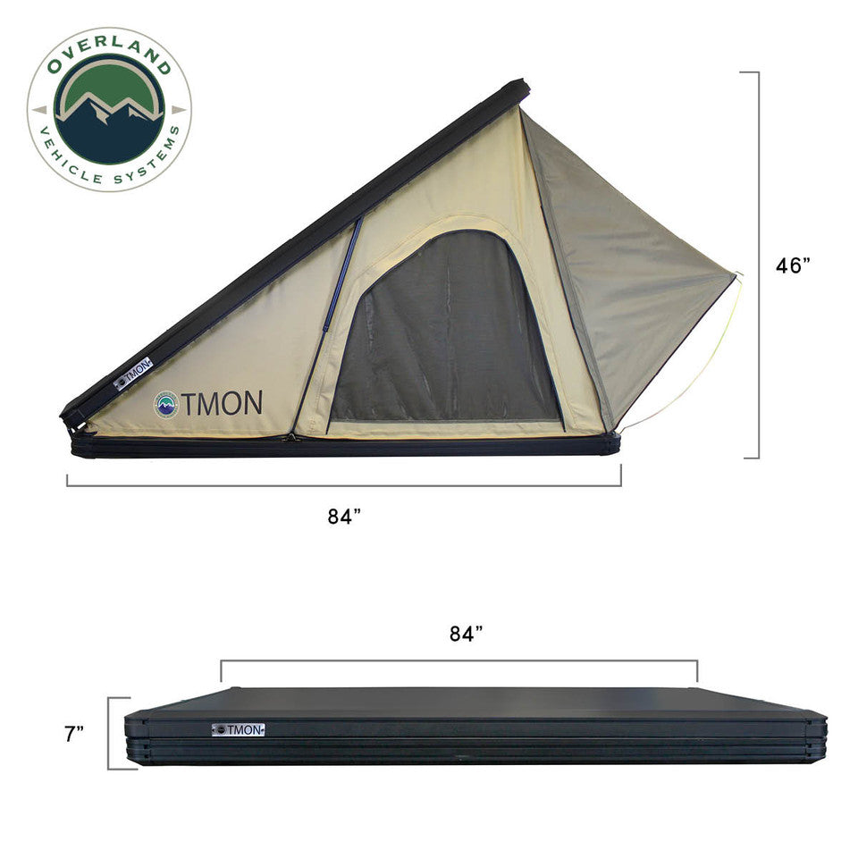Overland Vehicle Systems LD TMON Clamshell Aluminum Hard Shell Roof Top Tent - 2 Person Capacity, Tan Body & Green Rainfly 18119935