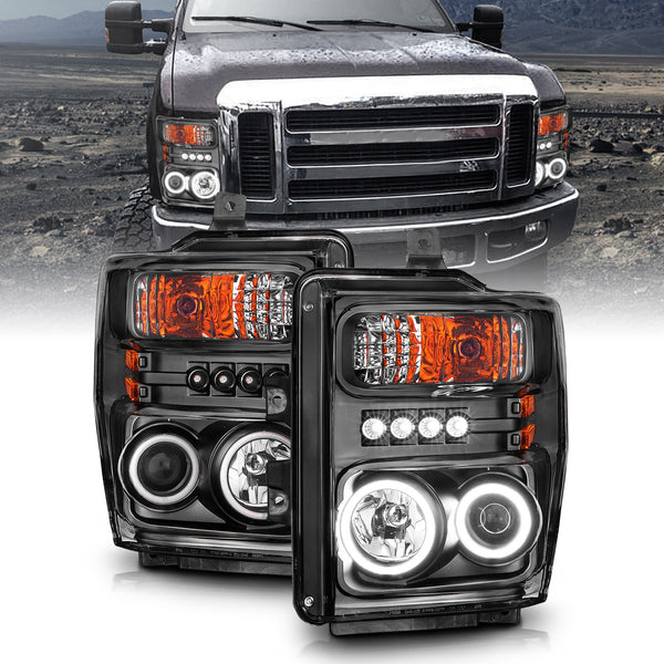 Anzo USA | Projector Headlight Set w/Halo Clear Lens Black Housing RX Halo w/LED Parking/Projector/Halo Pair | Fits F-250 Super Duty | 111168