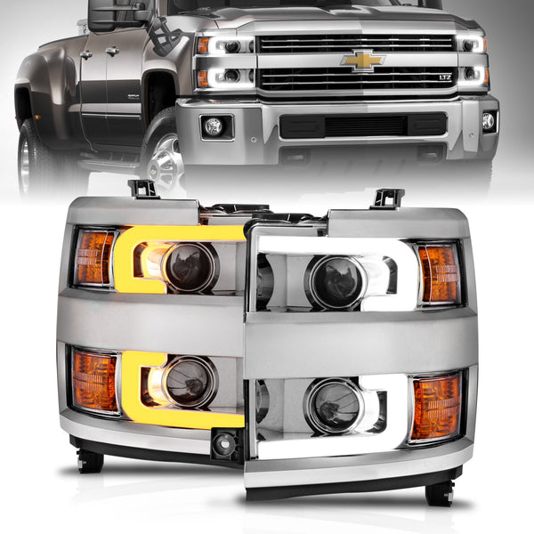 Anzo USA | Projector Headlight Set Clear Lens w/Plank Style Switchback Chrome w/Amber Chrome Rim Pair | Fits Silverado 2500 HD | 111366