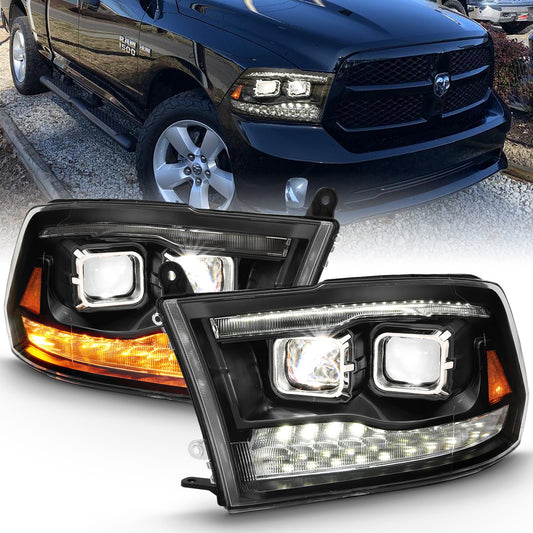 LED Projector Headlight; w/Plank Style Switchback; Black w/Amber; Pair;