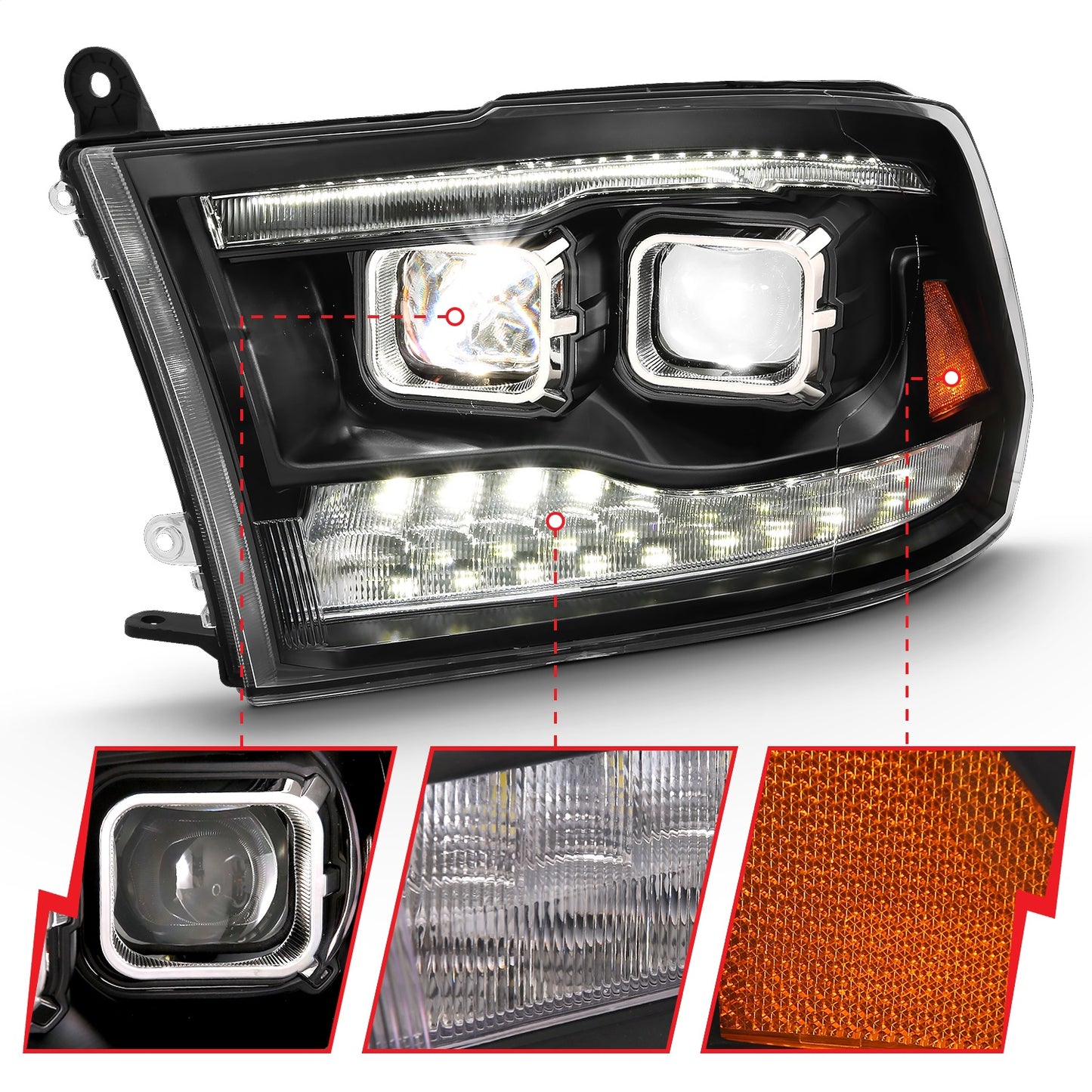 LED Projector Headlight; w/Plank Style Switchback; Black w/Amber; Pair;