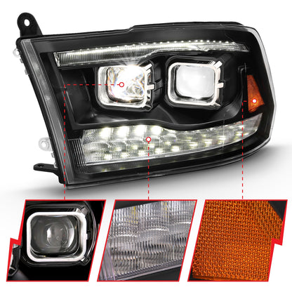 LED Projector Headlight; w/Plank Style Switchback; Black w/Amber; Pair;
