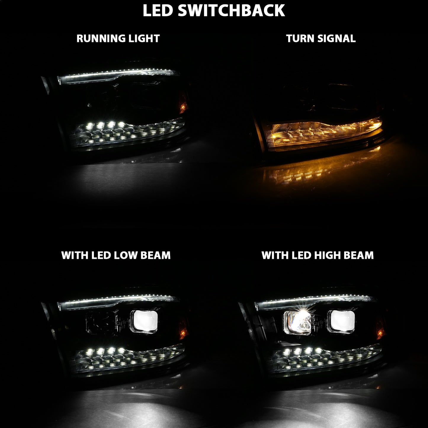 LED Projector Headlight; w/Plank Style Switchback; Black w/Amber; Pair;
