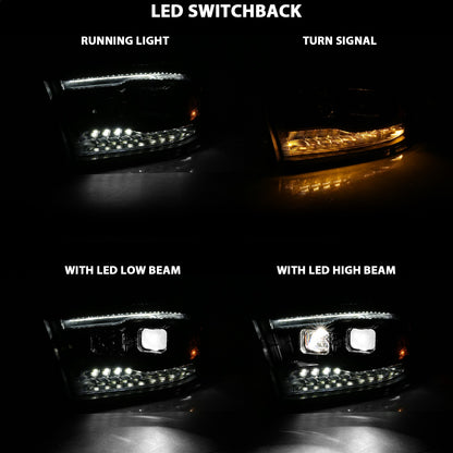 LED Projector Headlight; w/Plank Style Switchback; Black w/Amber; Pair;