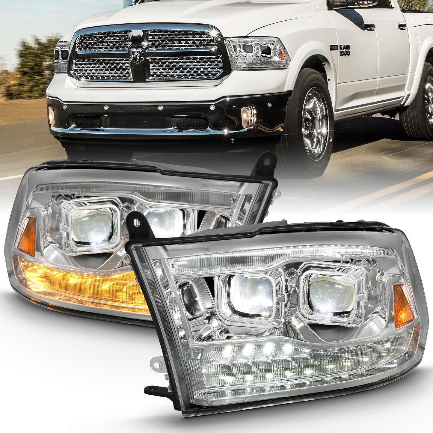 LED Projector Headlight; w/Plank Style Switchback; Chrome w/Amber; Pair;