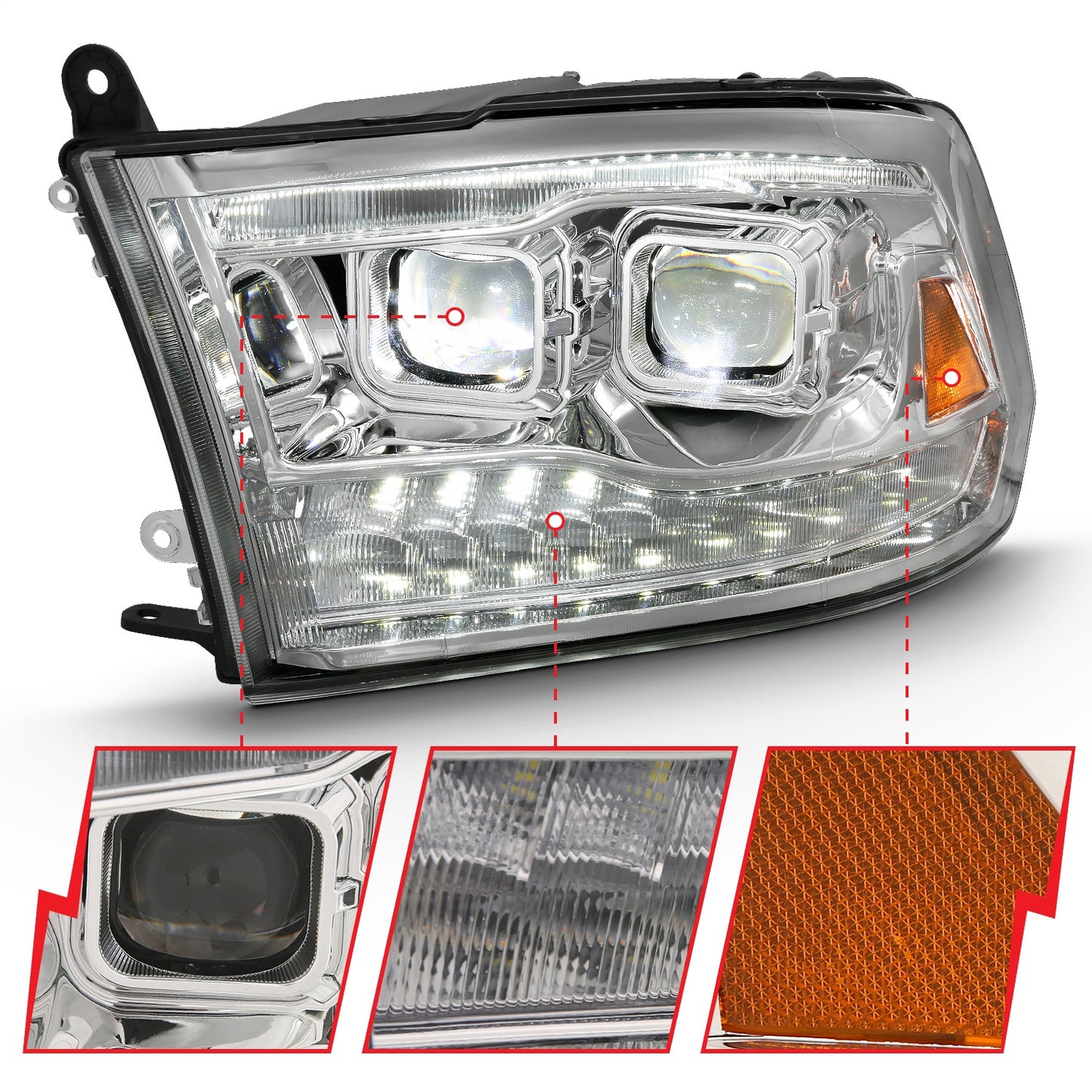 LED Projector Headlight; w/Plank Style Switchback; Chrome w/Amber; Pair;
