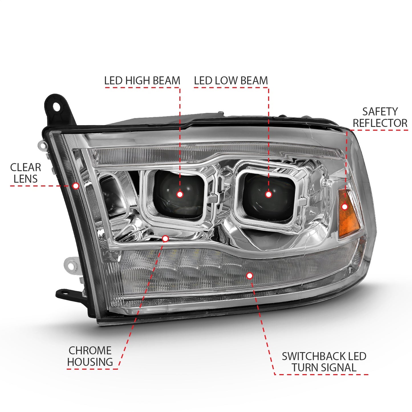 LED Projector Headlight; w/Plank Style Switchback; Chrome w/Amber; Pair;