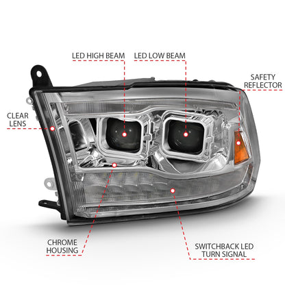 LED Projector Headlight; w/Plank Style Switchback; Chrome w/Amber; Pair;