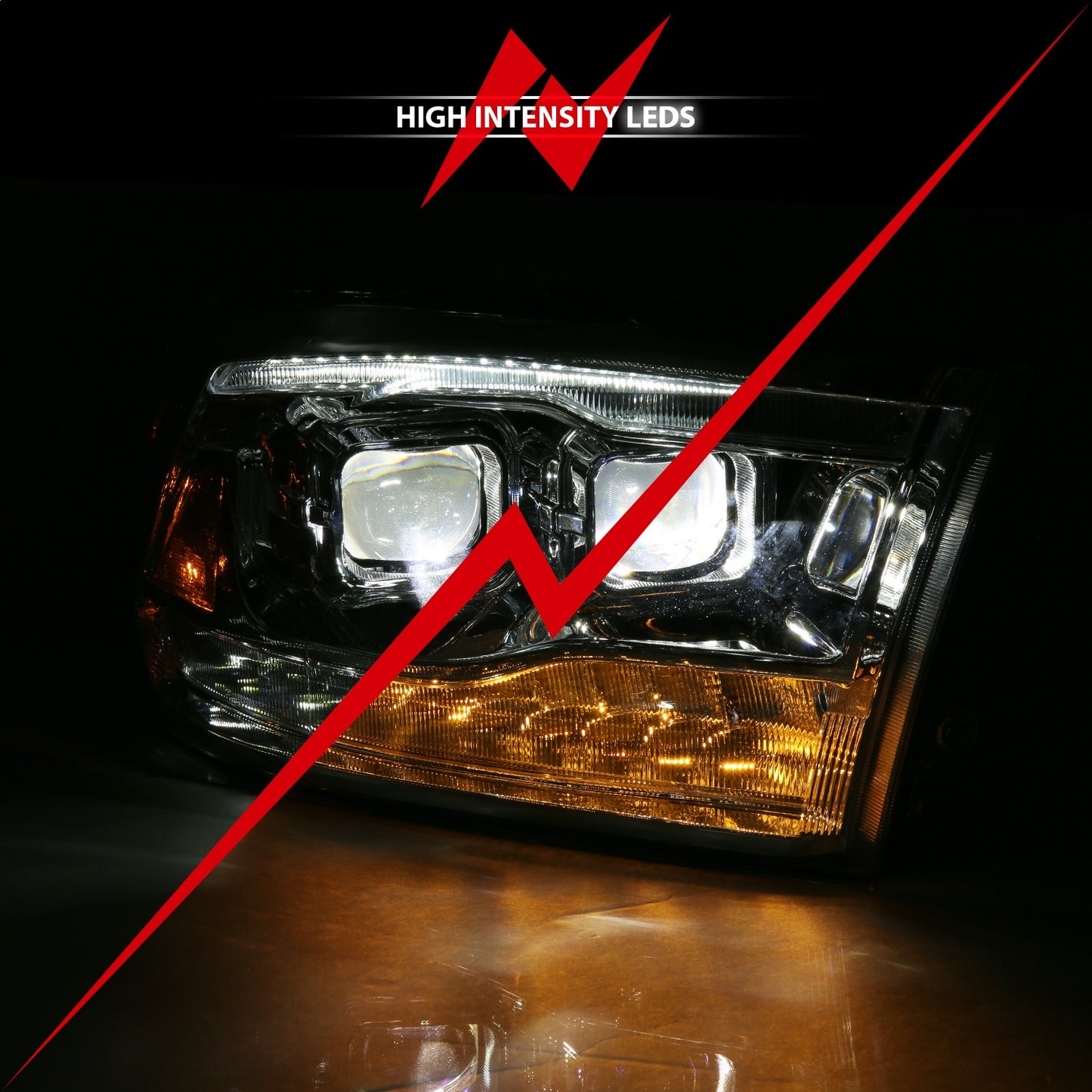 LED Projector Headlight; w/Plank Style Switchback; Chrome w/Amber; Pair;