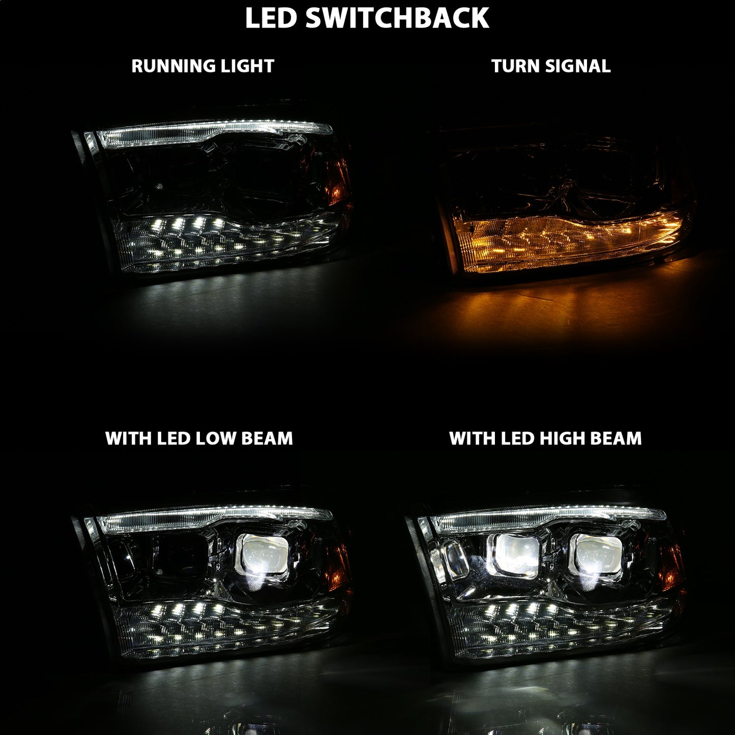 LED Projector Headlight; w/Plank Style Switchback; Chrome w/Amber; Pair;