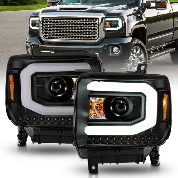 Anzo USA | Projector Headlight Set w/Halo Clear Lens Black Housing w/Light Bar Pair | Fits Sierra 1500 | 111513