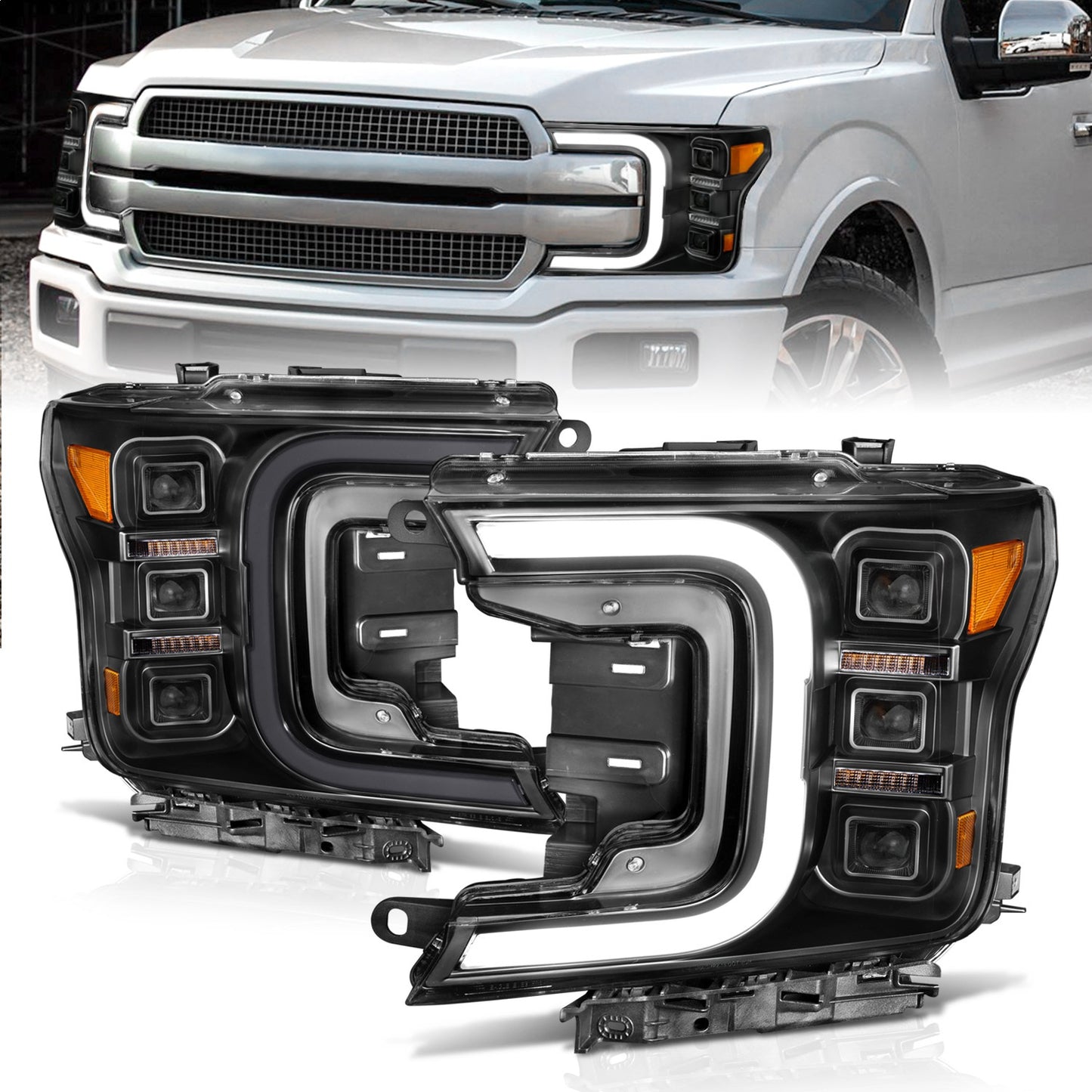 LED Projector Headlight; Black Housing; w/Smoke Bar Sequential Signal; Pair;