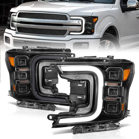 LED Projector Headlight; Black Housing; w/Smoke Bar Sequential Signal; Pair;