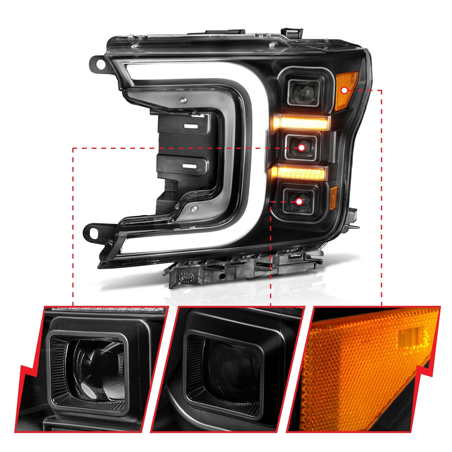 LED Projector Headlight; Black Housing; w/Smoke Bar Sequential Signal; Pair;