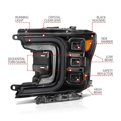 LED Projector Headlight; Black Housing; w/Smoke Bar Sequential Signal; Pair;