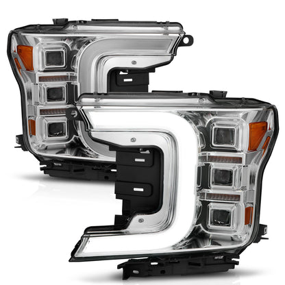 LED Projector Headlight; Chrome Housing; w/Light Bar Sequential Signal; Pair;