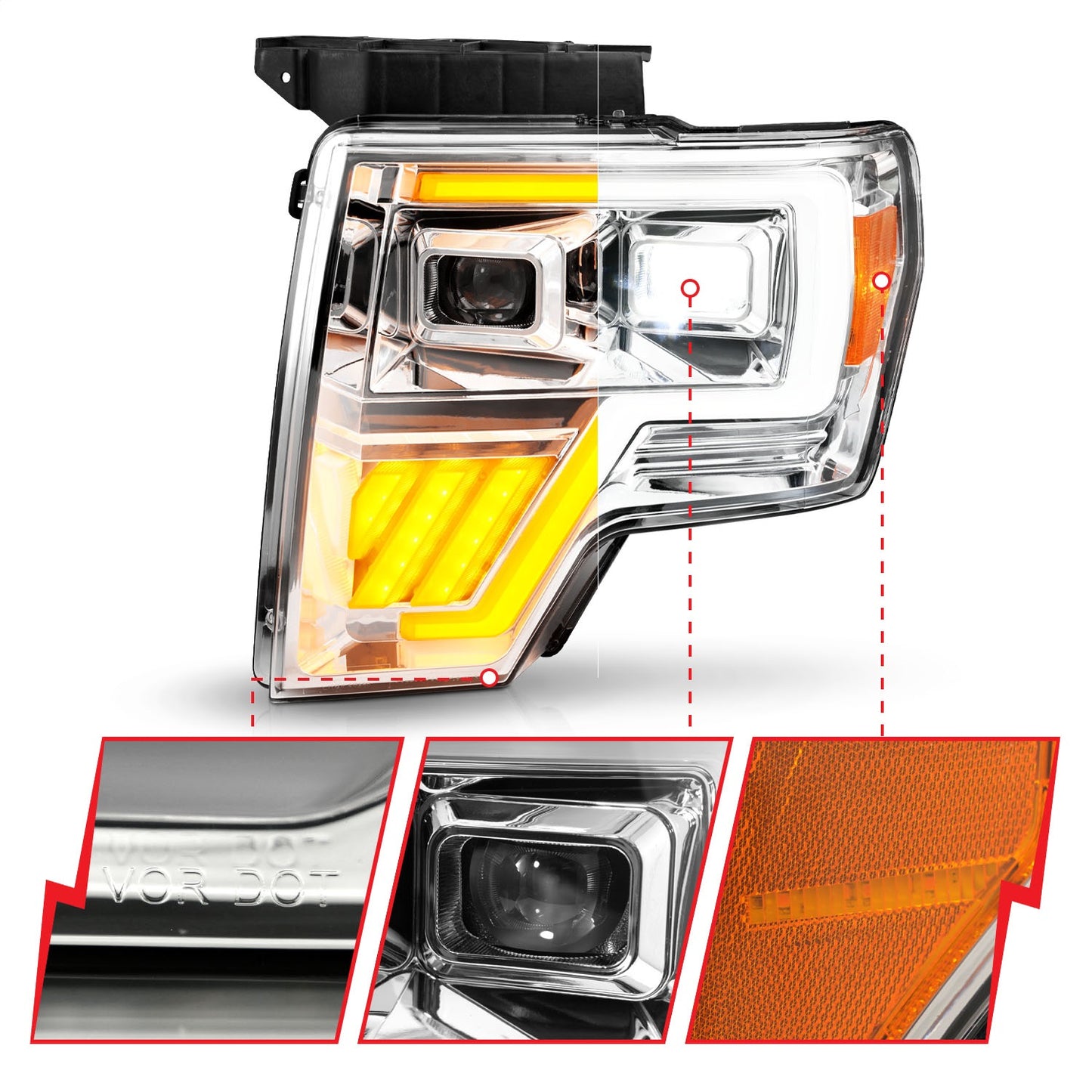 LED Projector Headlight; LED Projector; Chrome Headlights w/ Sequential Signal;