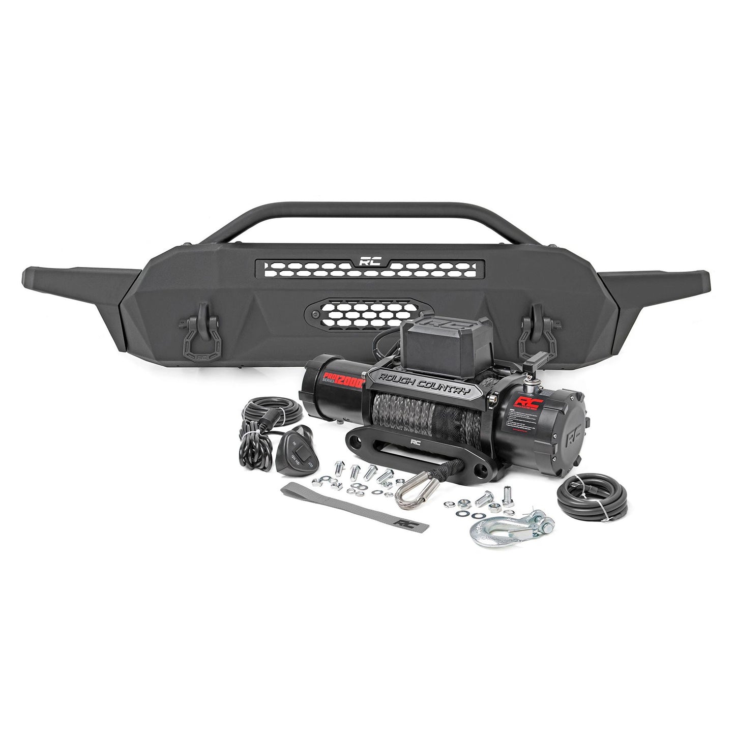 ROUGH COUNTRY Front Bumper | High Clearance | 12000-Lb Pro Series Winch | Synthetic Rope Toyota Tacoma 4WD (16-23) | 10717