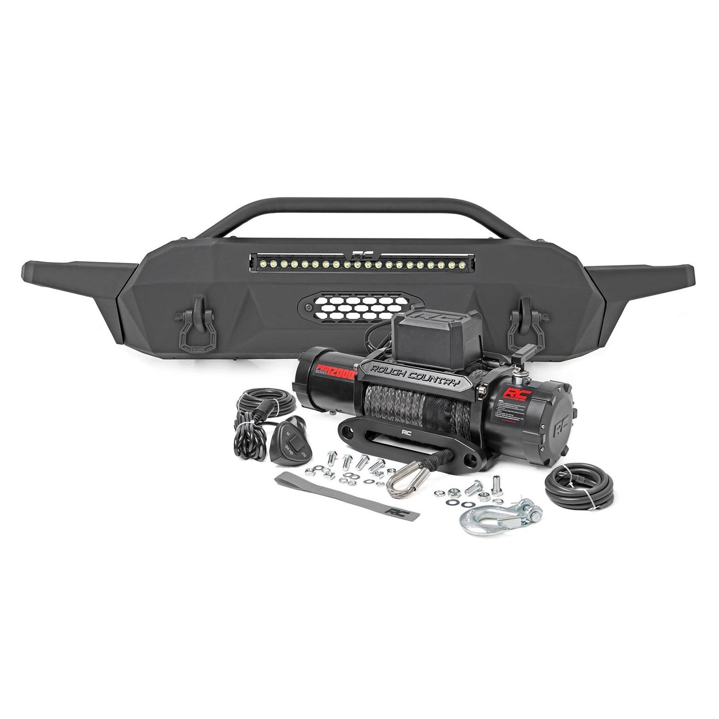 ROUGH COUNTRY Front Bumper | Hybrid | 20" Blk LED | 12000-Lb Winch Syn | Toyota Tacoma (16-23) | 10723
