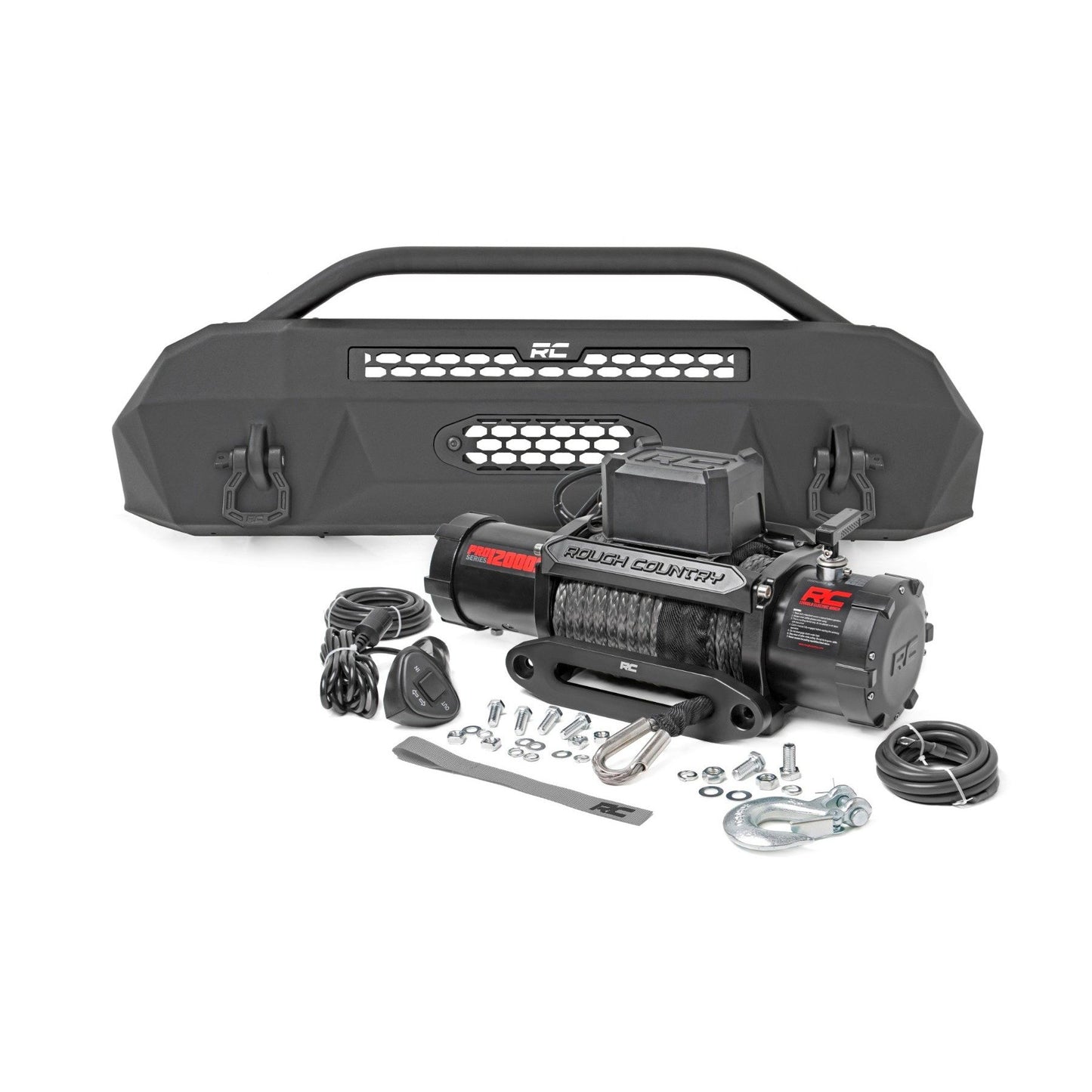 ROUGH COUNTRY Front Bumper | Hybrid | 12000-Lb Pro Series Winch | Synthetic Rope | Toyota Tacoma (16-23) | 10715