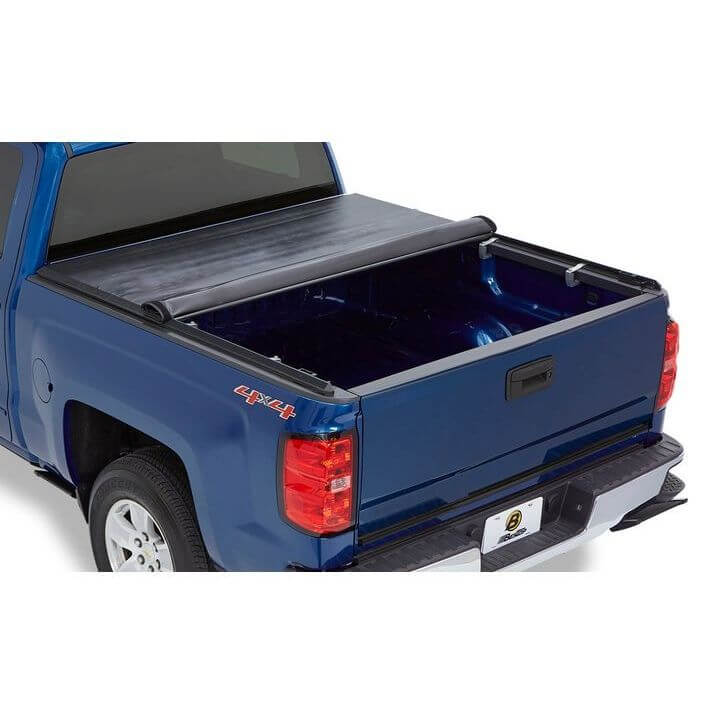BESTOP | EZ-Roll Soft Tonneau Cover For Nissan 2005-2024 Frontier 5.0 Foot Black Tailgate Spoiler Not Included Bestop | 19146-01 on blue truck