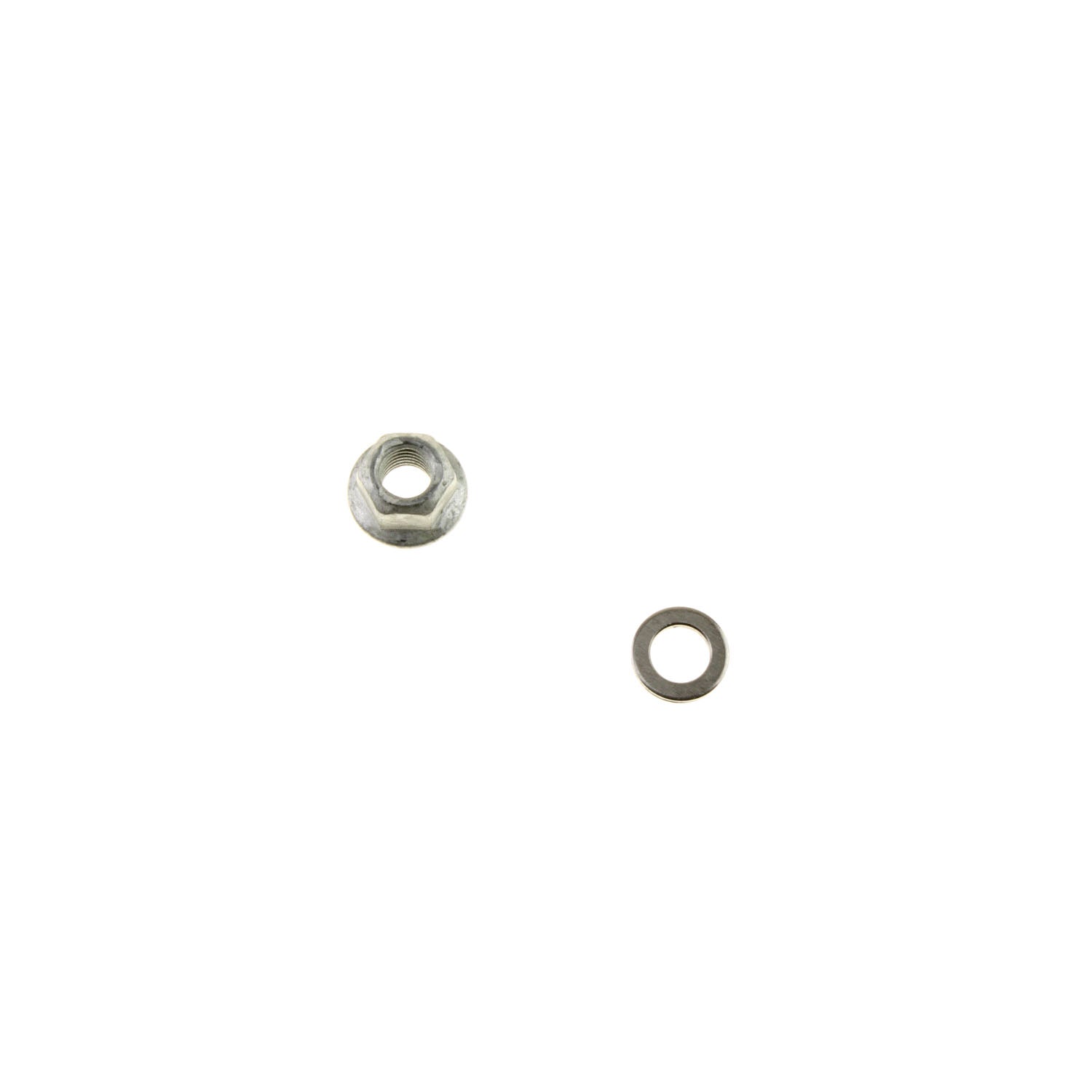 Washer and nut for automotive or mechanical applications, suitable for various hardware uses.