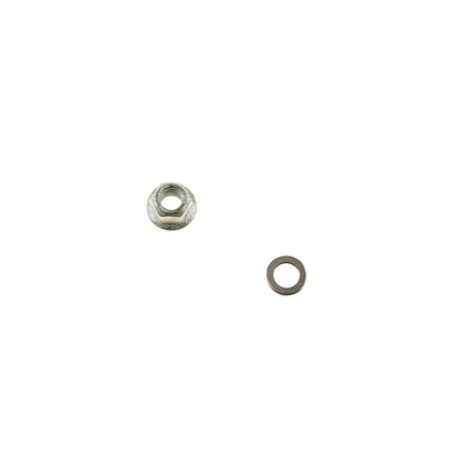 Washer and nut for automotive or mechanical applications, suitable for various hardware uses.