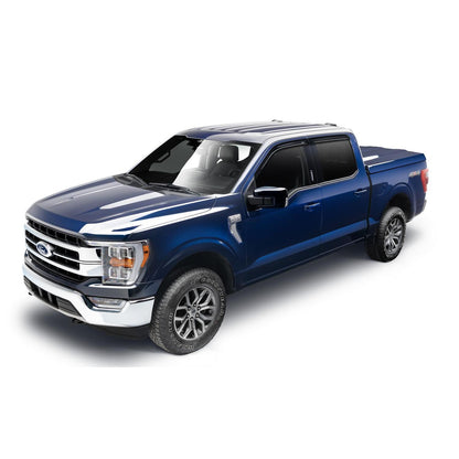 Husky Liners | Low Profile Ventvisor Deflector Smoke Outside Mount 4 Piece For 2015-2025 F-150 Lightning, F-250 Super Duty, F-350 Super Duty, F-450 Super Duty Husky Liners | 2854044 on a blue Ford truck.